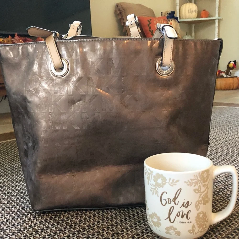 🟤Michael Kors MK Metallic Brown Shiny Tote Grab Handbag Purse w/Leather Straps